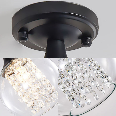 Vintage Black Semi Flush Mount Ceiling Light With Cylinder/Globe Glass Shade And Crystal Strands