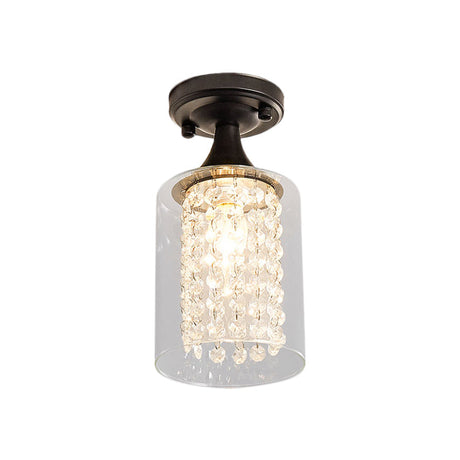 Vintage Black Semi Flush Mount Ceiling Light With Cylinder/Globe Glass Shade And Crystal Strands