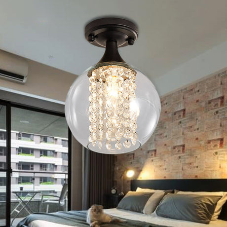 Vintage Black Semi Flush Mount Ceiling Light With Cylinder/Globe Glass Shade And Crystal Strands /