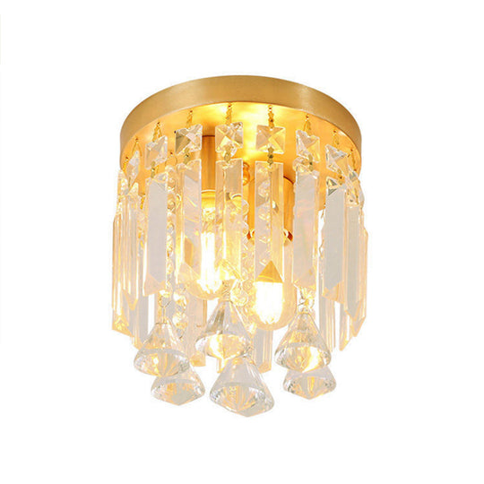Modern Crystal Block Cylinder Flush Mount Light With Brass Finish - 2 Lights 8’/10’ Wide