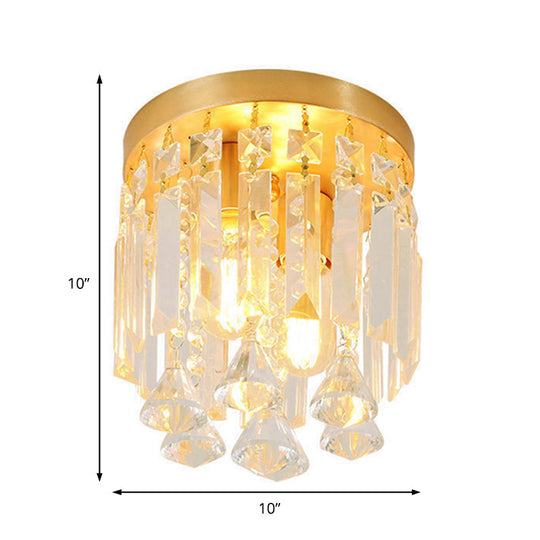 Modern Crystal Block Cylinder Flush Mount Light With Brass Finish - 2 Lights 8’/10’ Wide