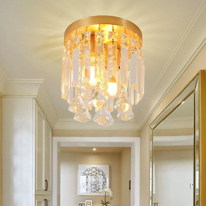 Modern Crystal Block Cylinder Flush Mount Light With Brass Finish - 2 Lights 8’/10’ Wide