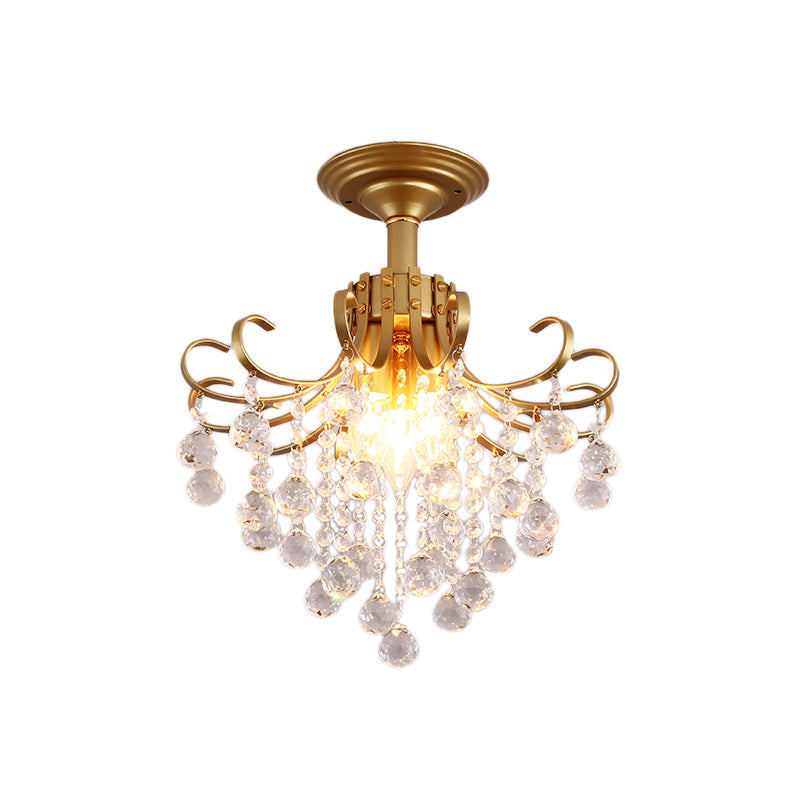 Modern Semi-Flush Mount Ceiling Light With Curve Arm And Faceted Crystal Balls In Gold/Black