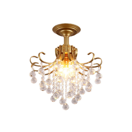 Modern Semi-Flush Mount Ceiling Light With Curve Arm And Faceted Crystal Balls In Gold/Black