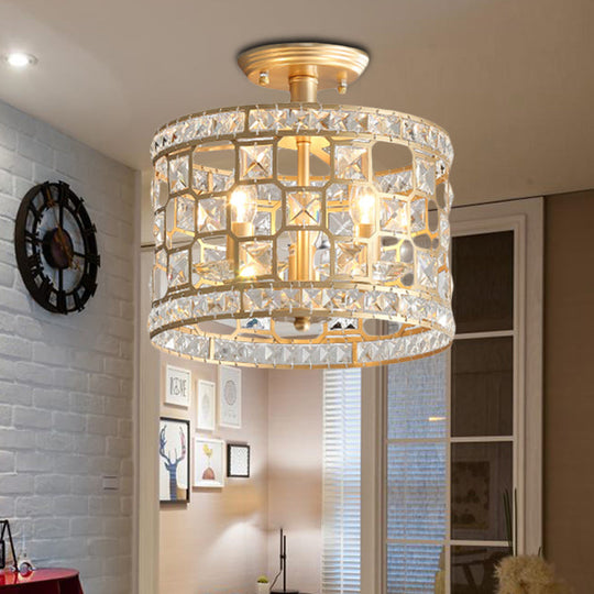 Gold Metal And Crystal Semi Flush Ceiling Light With 3/4/6 Lights Modern Drum Design In 3 Sizes /