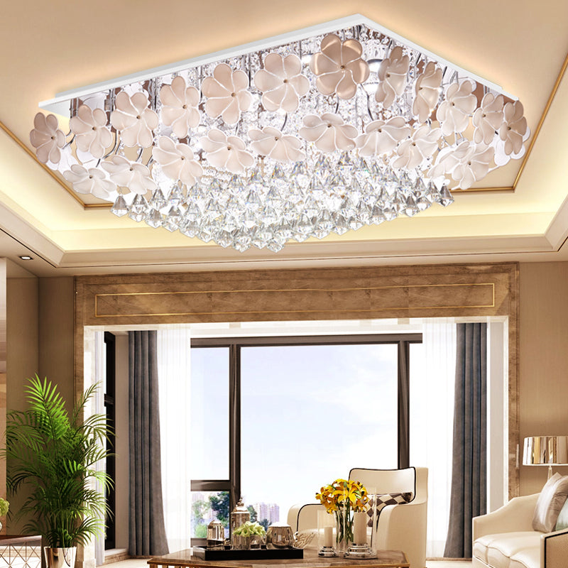 Modern Crystal Led Chrome Ceiling Light Fixture For Living Room - Flush Mount Rectangular Design
