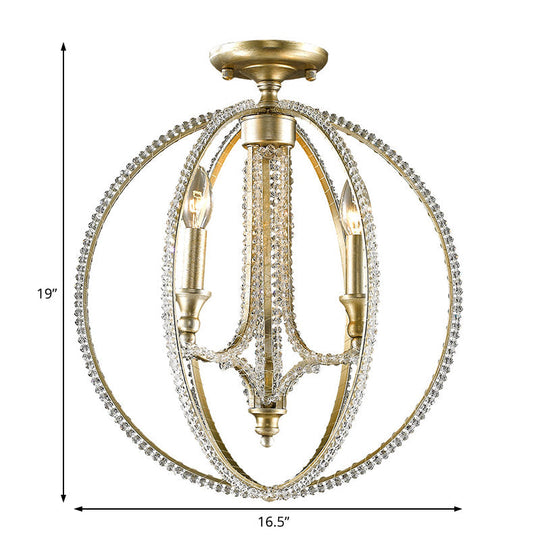 Modern Metal And Crystal Gold Semi Flush Mount Ceiling Light With 3 Orb Frame Lights