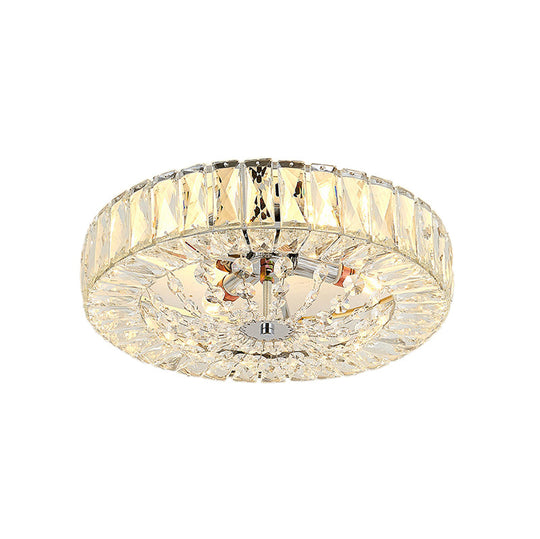 Contemporary Crystal Block Led Chrome Ceiling Fixture - Drum Flush Mount Light 16’/23.5’ Wide