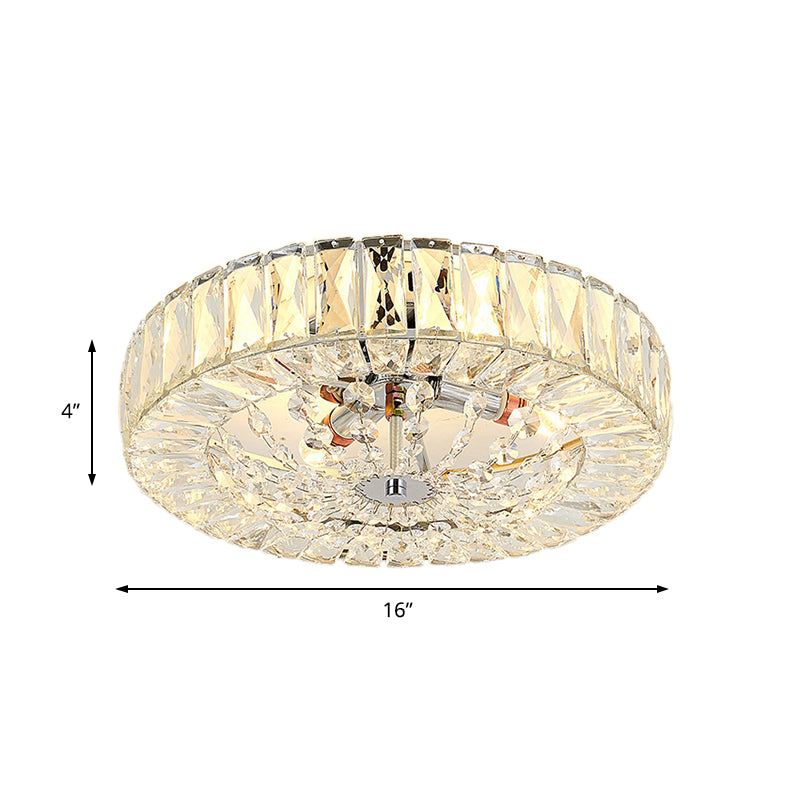 Contemporary Crystal Block Led Chrome Ceiling Fixture - Drum Flush Mount Light 16’/23.5’ Wide