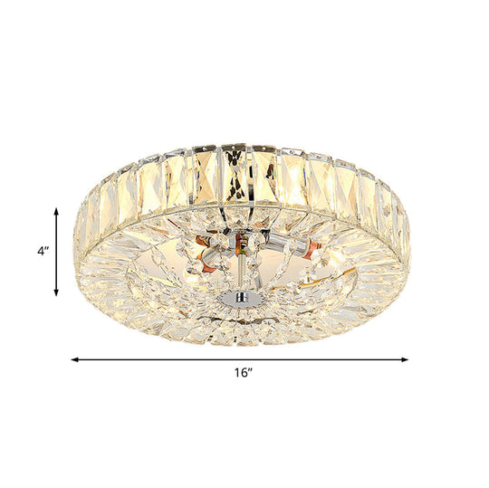 Contemporary Crystal Block Led Chrome Ceiling Fixture - Drum Flush Mount Light 16’/23.5’ Wide