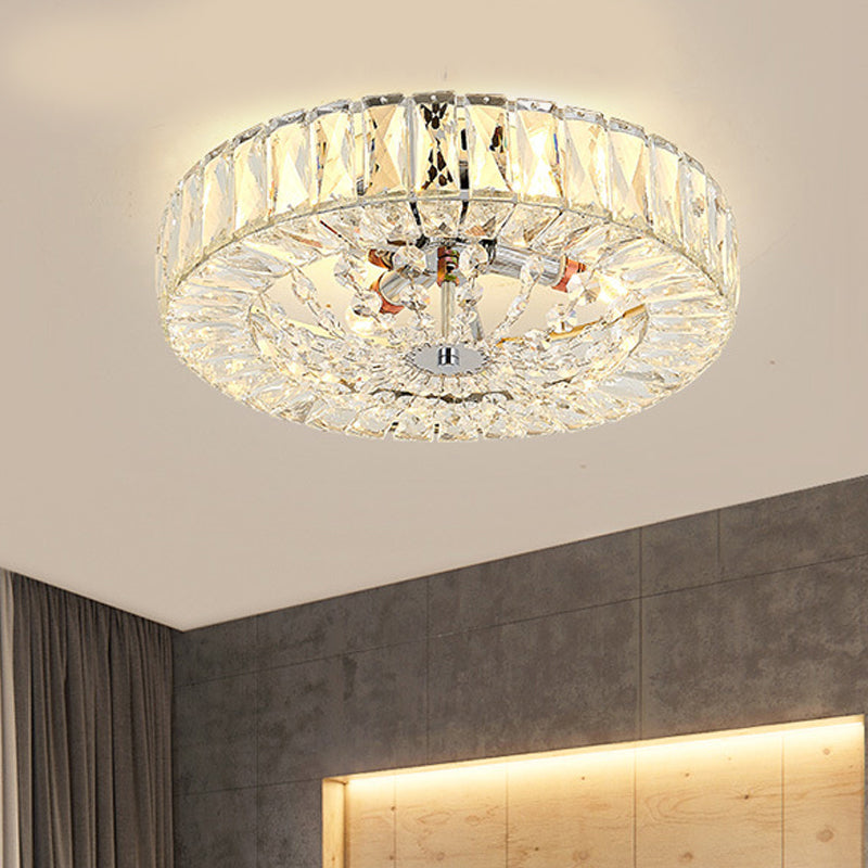 Contemporary Crystal Block Led Chrome Ceiling Fixture - Drum Flush Mount Light 16’/23.5’ Wide