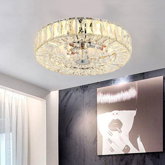 Contemporary Crystal Block Led Chrome Ceiling Fixture - Drum Flush Mount Light 16’/23.5’ Wide