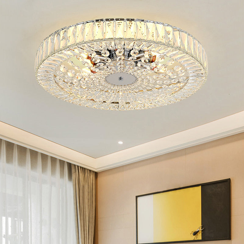 Contemporary Crystal Block Led Chrome Ceiling Fixture - Drum Flush Mount Light 16/23.5 Wide / 16