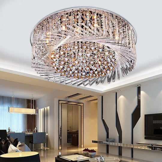 Contemporary Crystal Led Drum Ceiling Lamp With Chrome Flush Mount - 23.5’/31.5’ Wide