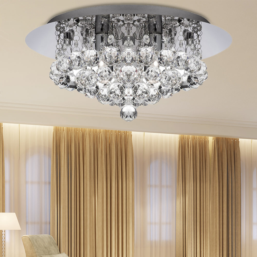 Contemporary Crystal Chrome Ceiling Light - Cascading Flush Mount 3/4/6 Lights 8’/14’/19.5’ Wide