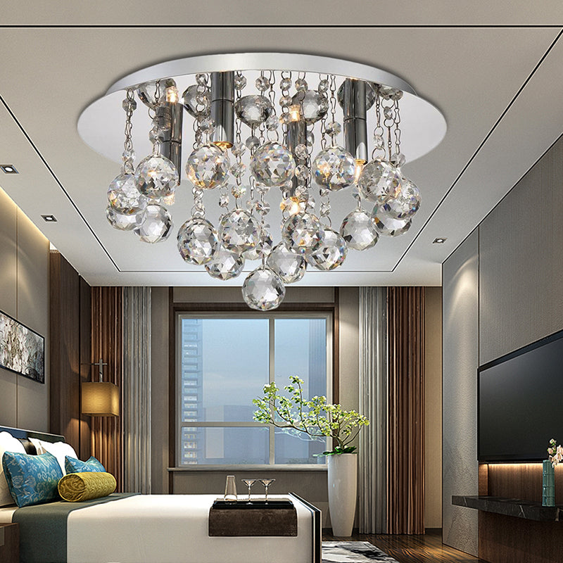 Contemporary Crystal Chrome Ceiling Light - Cascading Flush Mount 3/4/6 Lights 8’/14’/19.5’ Wide