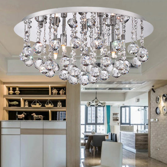 Contemporary Crystal Chrome Ceiling Light - Cascading Flush Mount 3/4/6 Lights 8’/14’/19.5’ Wide