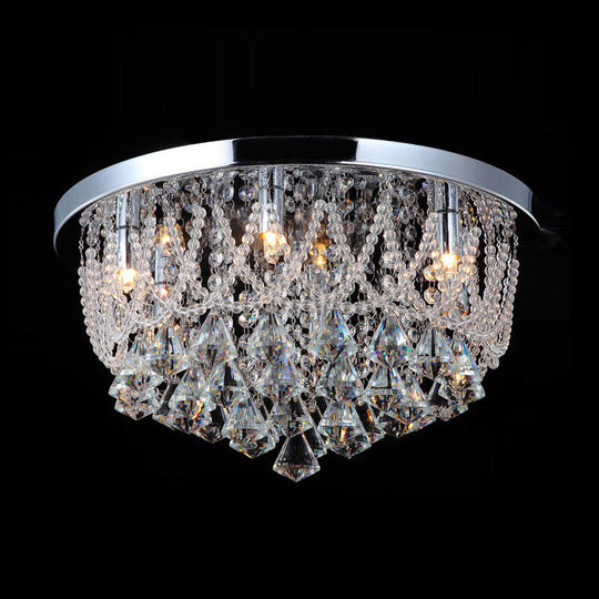 Modern Crystal Strand Ceiling Lamp - Dome Flush 3 Lights 14’/18’ Wide Chrome; Ideal For Bedroom