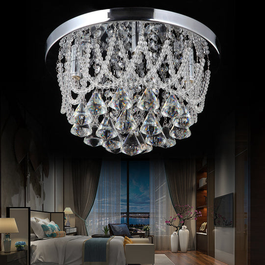 Modern Crystal Strand Ceiling Lamp - Dome Flush 3 Lights 14/18 Wide Chrome; Ideal For Bedroom Chrome