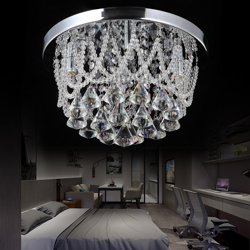 Modern Crystal Strand Ceiling Lamp - Dome Flush 3 Lights 14/18 Wide Chrome; Ideal For Bedroom