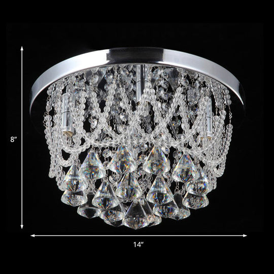 Modern Crystal Strand Ceiling Lamp - Dome Flush 3 Lights 14’/18’ Wide Chrome; Ideal For Bedroom