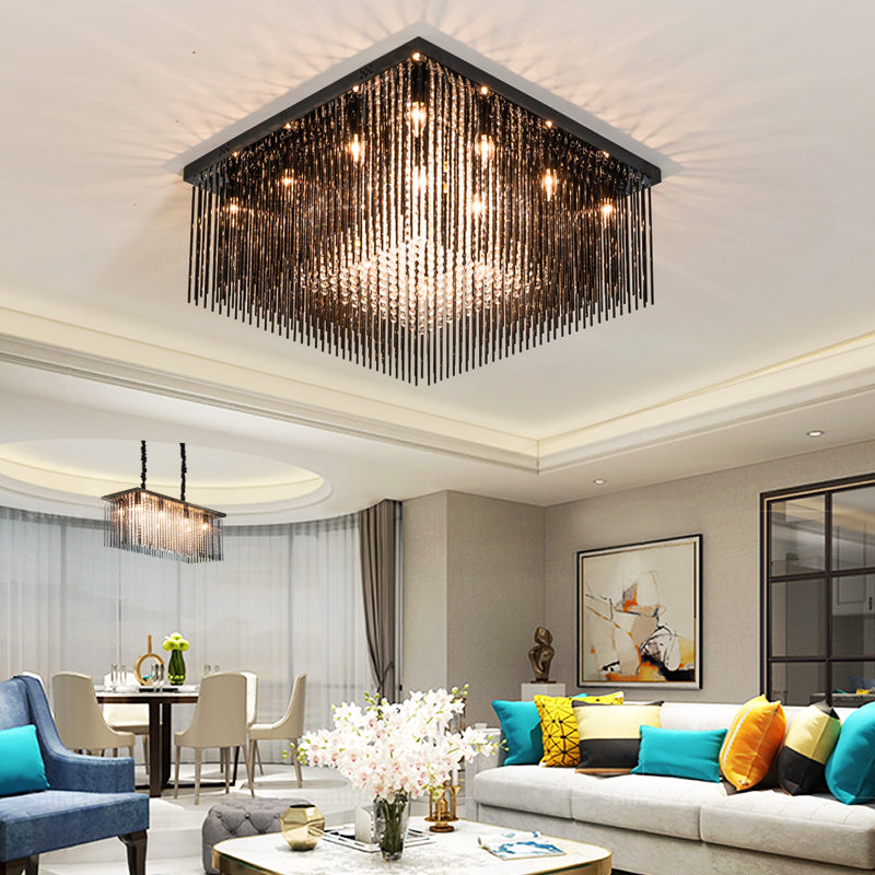 Contemporary Crystal Rod And Beaded Cubic Flush Ceiling Light - Black 4/6/9 Lights