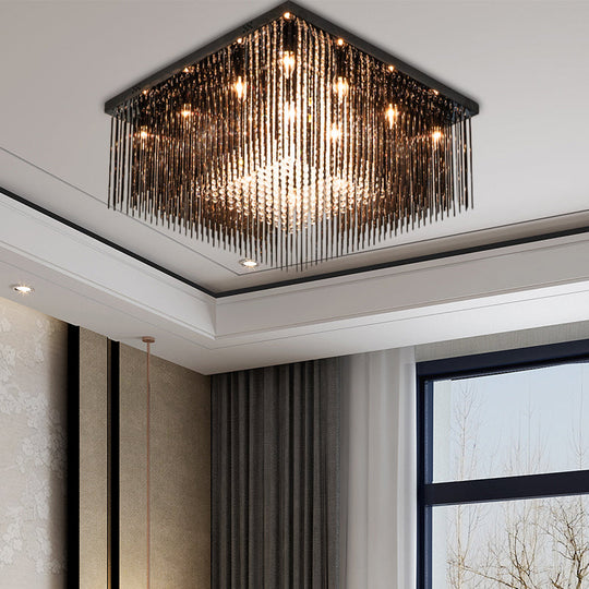 Contemporary Crystal Rod And Beaded Cubic Flush Ceiling Light - Black 4/6/9 Lights 16/19/23.5 Wide /