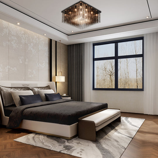 Contemporary Crystal Rod And Beaded Cubic Flush Ceiling Light - Black 4/6/9 Lights