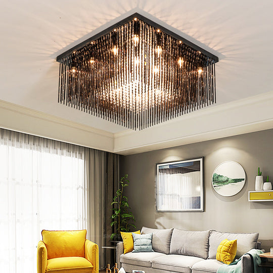 Contemporary Crystal Rod And Beaded Cubic Flush Ceiling Light - Black 4/6/9 Lights 16/19/23.5 Wide
