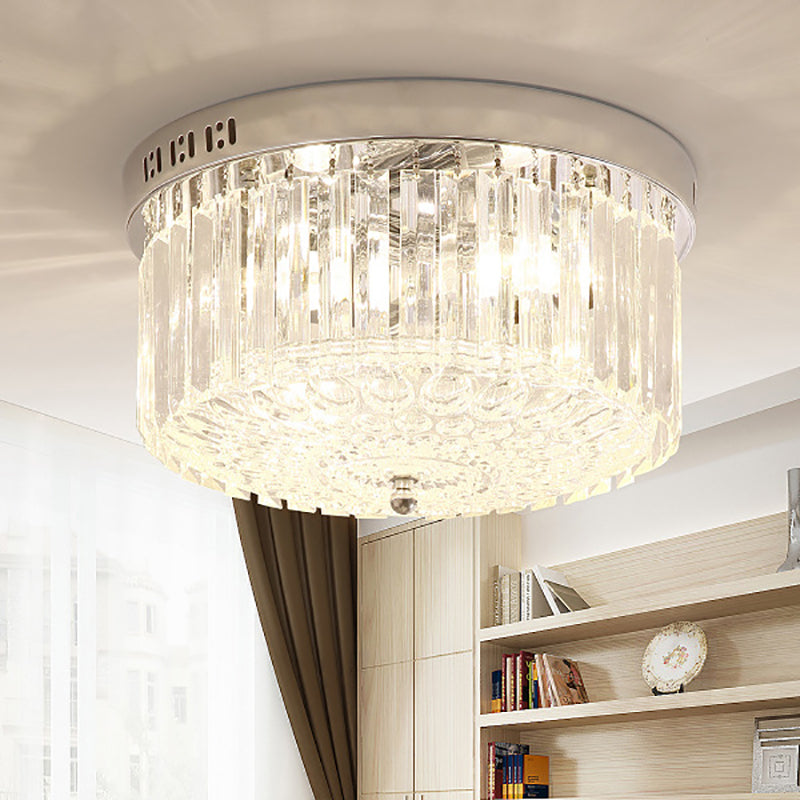 Modern Chrome Drum Flush Light Fixture With 3 Rectangular-Cut Crystal Lights For Bedroom -