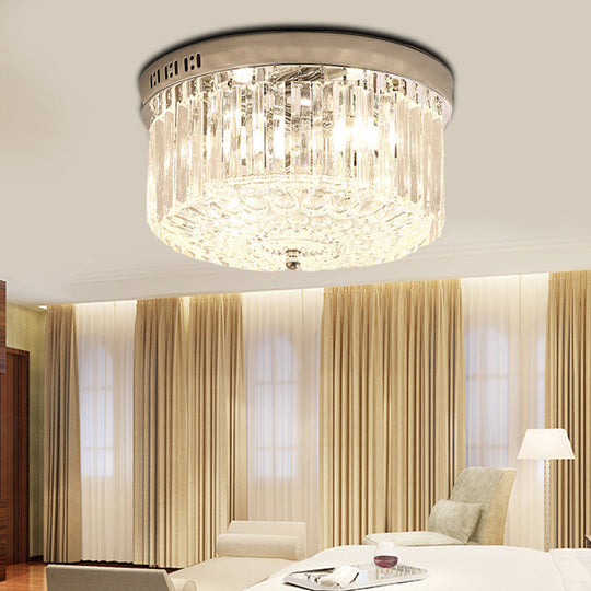 Modern Chrome Drum Flush Light Fixture With 3 Rectangular-Cut Crystal Lights For Bedroom -