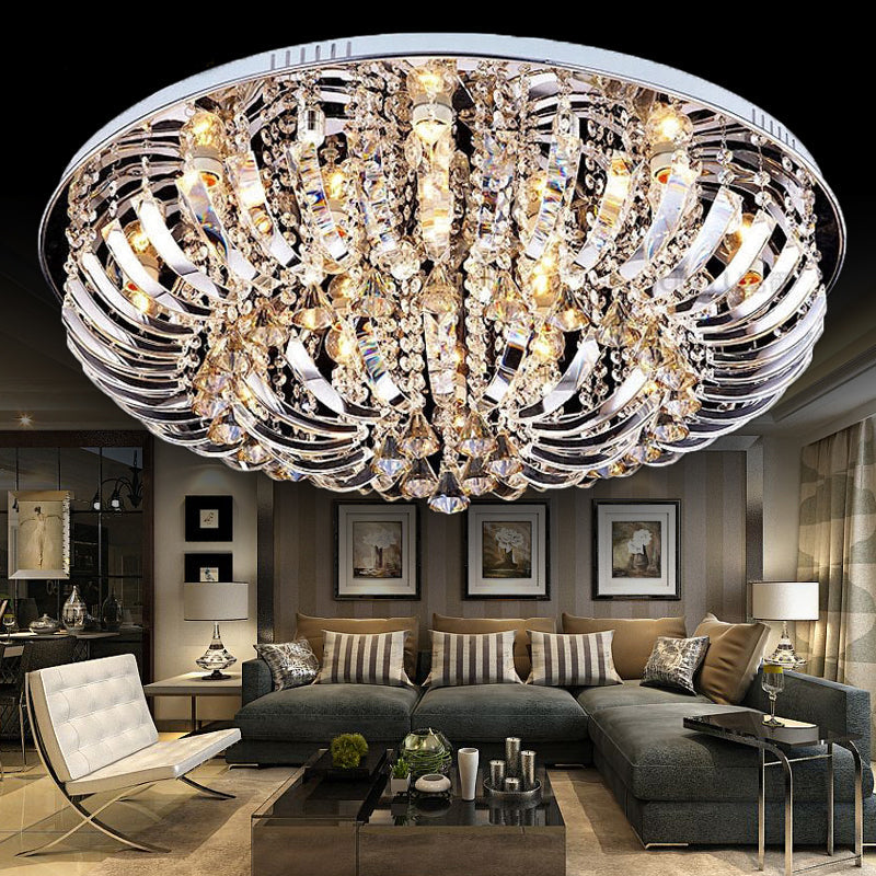 Contemporary Crystal Dome Flush Mount Light - 9/12 Lights 23.5’/31.5’ Wide Chrome Ceiling Fixture