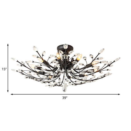 Black Crystal Leaf Semi Flush Mount Light - Modern Metal Ceiling Fixture With 6/8/10 Lights