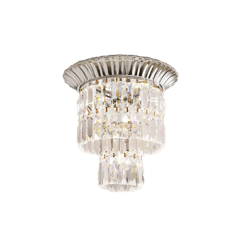 Modern Crystal Block Double Cylinder Shade Flush Ceiling Light - 5 Lights Chrome/Gold