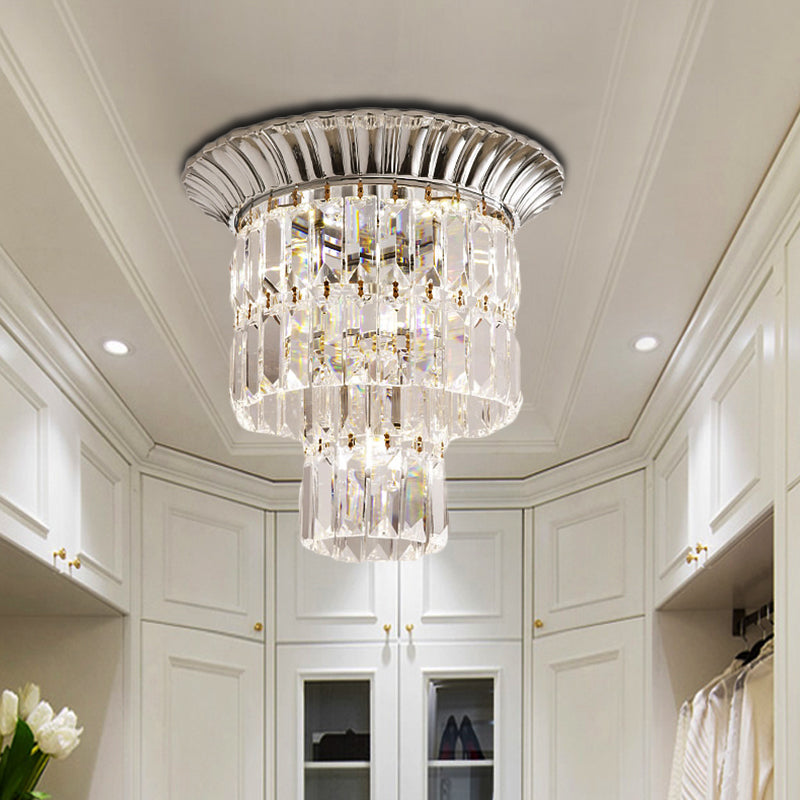 Modern Crystal Block Double Cylinder Shade Flush Ceiling Light - 5 Lights Chrome/Gold Chrome