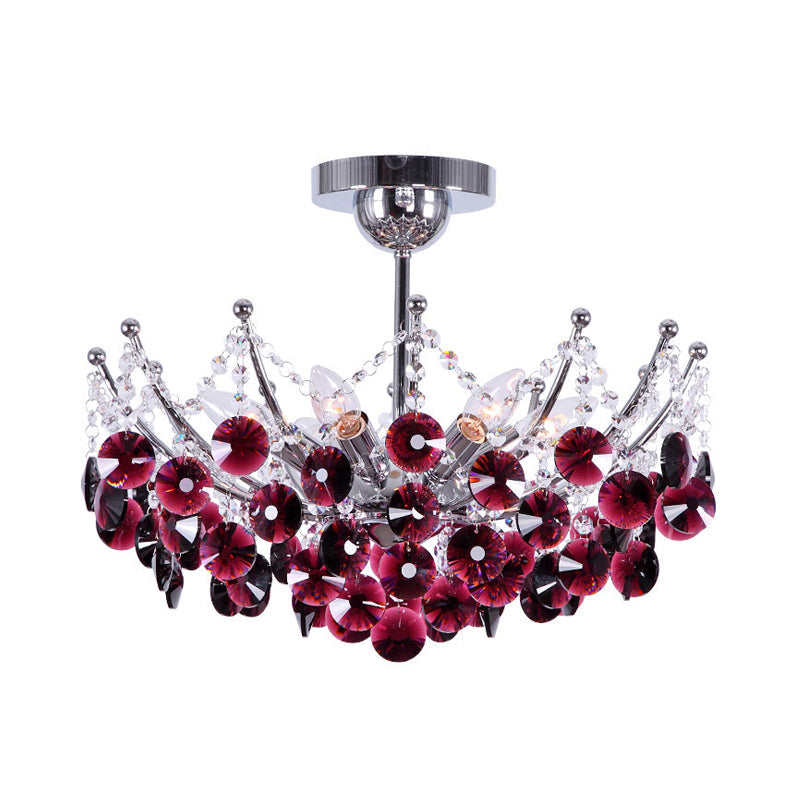 Modern Crystal Dome Semi Flush Light Fixture 5 Lights In Burgundy/Smoke Gray/Amber 16’ & 19.5’