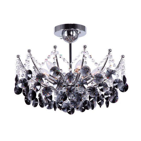 Modern Crystal Dome Semi Flush Light Fixture 5 Lights In Burgundy/Smoke Gray/Amber 16’ & 19.5’