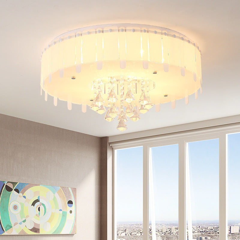 Led Flush Mount Ceiling Light With Crystal Drop And White Glass Shade - Simple Style
