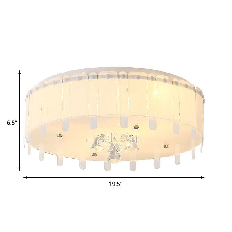 Led Flush Mount Ceiling Light With Crystal Drop And White Glass Shade - Simple Style