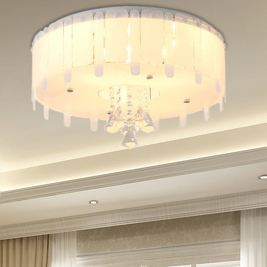 Led Flush Mount Ceiling Light With Crystal Drop And White Glass Shade - Simple Style