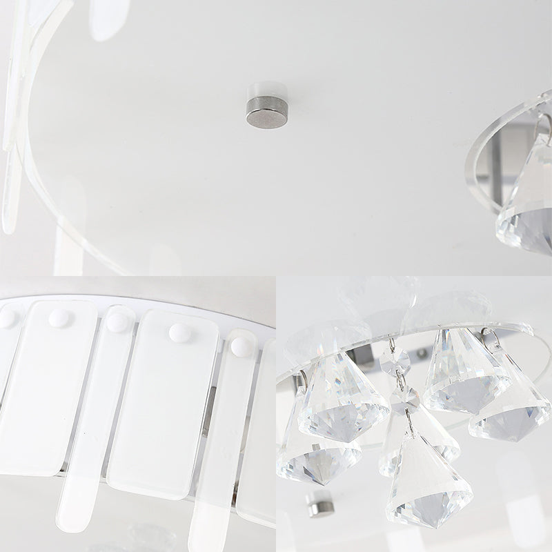 Led Flush Mount Ceiling Light With Crystal Drop And White Glass Shade - Simple Style 19.5/23.5 Wide