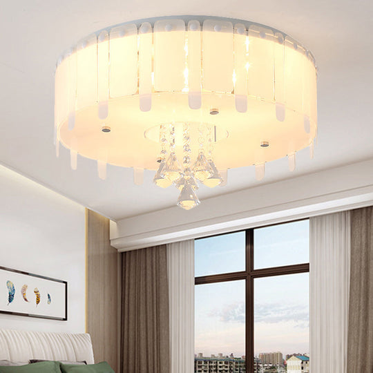 Led Flush Mount Ceiling Light With Crystal Drop And White Glass Shade - Simple Style