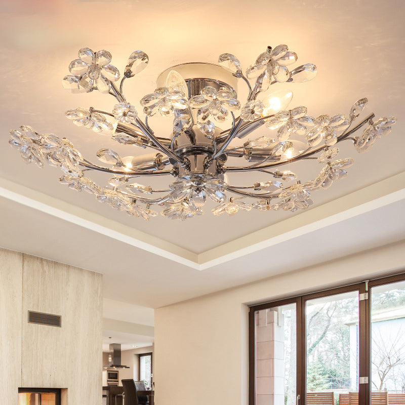 Postmodern Crystal Flower Ceiling Light - 6 Lights Chrome Finish Semi Flush 23’/27.5’ Wide / 27.5’