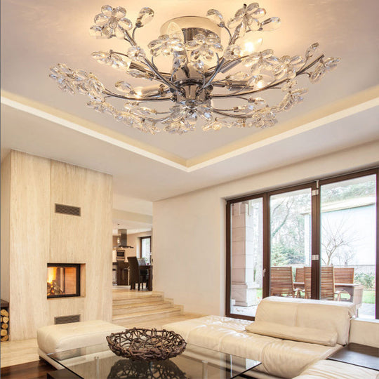 Postmodern Crystal Flower Ceiling Light - 6 Lights Chrome Finish Semi Flush 23’/27.5’ Wide