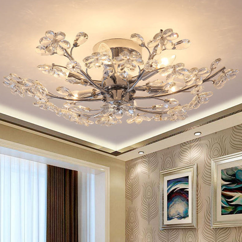 Postmodern Crystal Flower Ceiling Light - 6 Lights Chrome Finish Semi Flush 23’/27.5’ Wide / 23’