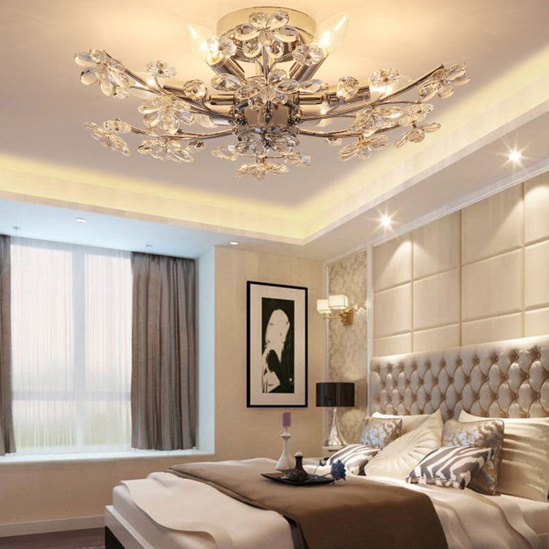 Postmodern Crystal Flower Ceiling Light - 6 Lights Chrome Finish Semi Flush 23’/27.5’ Wide