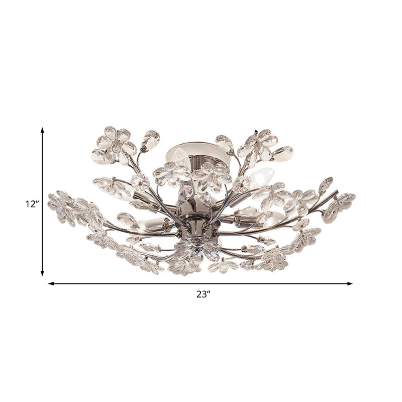 Postmodern Crystal Flower Ceiling Light - 6 Lights Chrome Finish Semi Flush 23’/27.5’ Wide