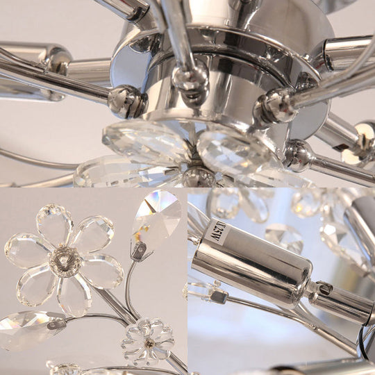 Postmodern Crystal Flower Ceiling Light - 6 Lights Chrome Finish Semi Flush 23’/27.5’ Wide