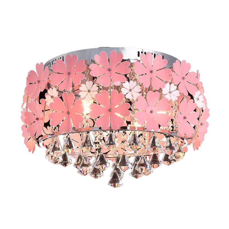 Modern Crystal Drop Led Drum Ceiling Light Fixture With Pink Flower Decoration 18’/21.5’ Wide