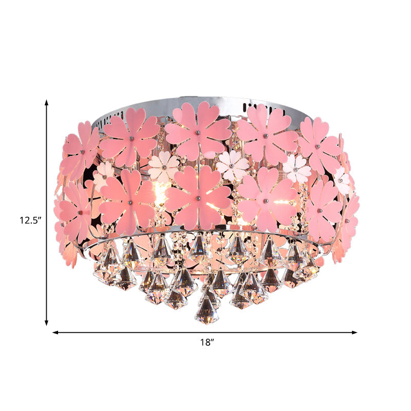 Modern Crystal Drop Led Drum Ceiling Light Fixture With Pink Flower Decoration 18’/21.5’ Wide